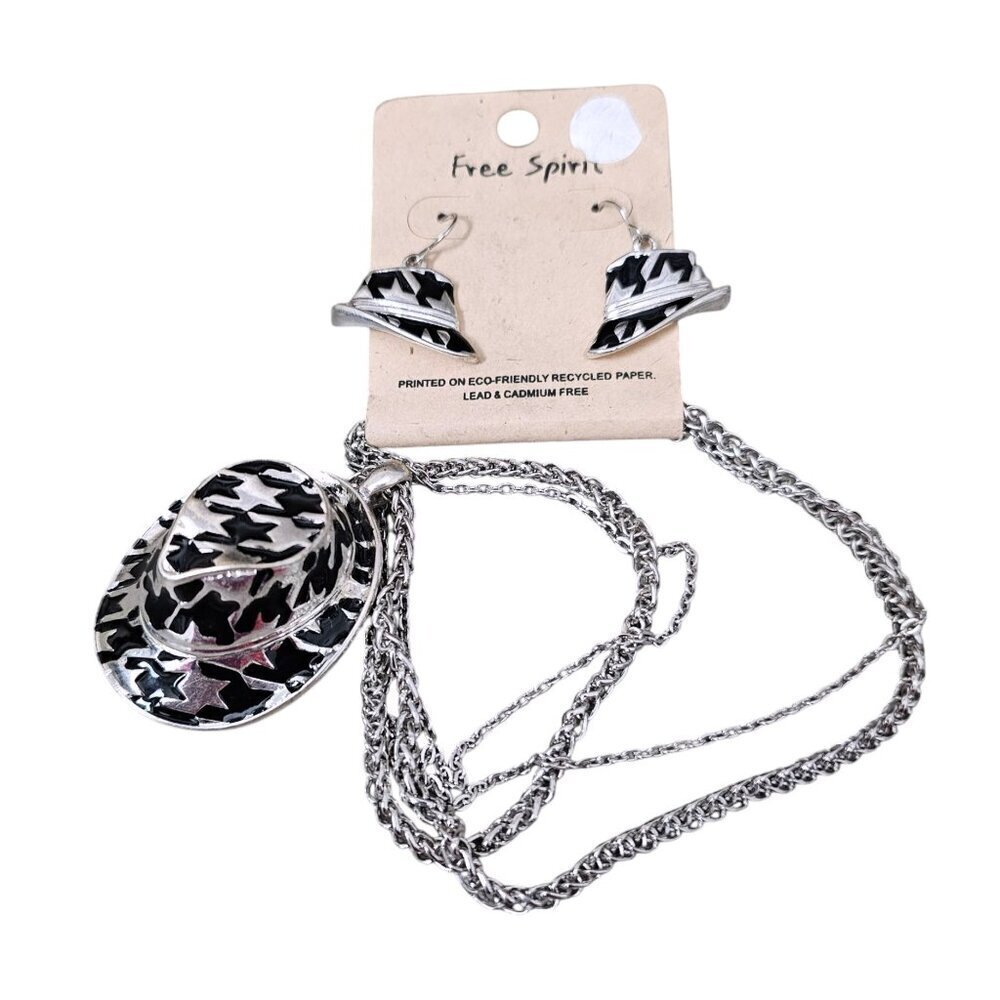 💎Free Spirit Silver Tone Western Cowgirl Animal Print Hat Pendant & Earring Set